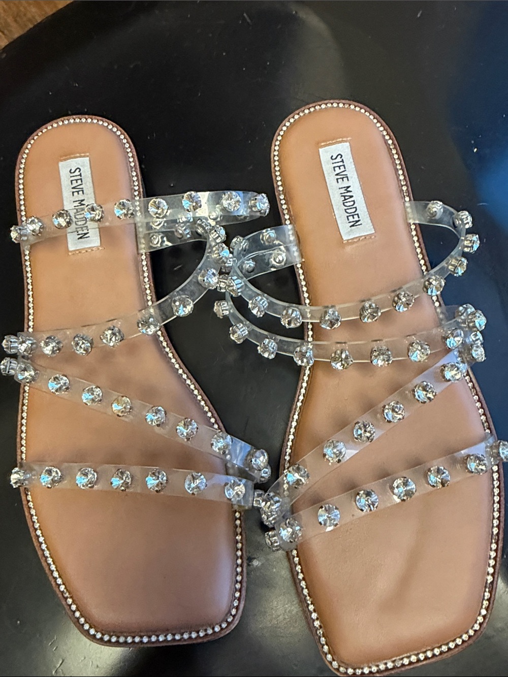 Steve Madden Slide Sandals Clear Crystal Straps Casual Glam Resort Wear Y2K